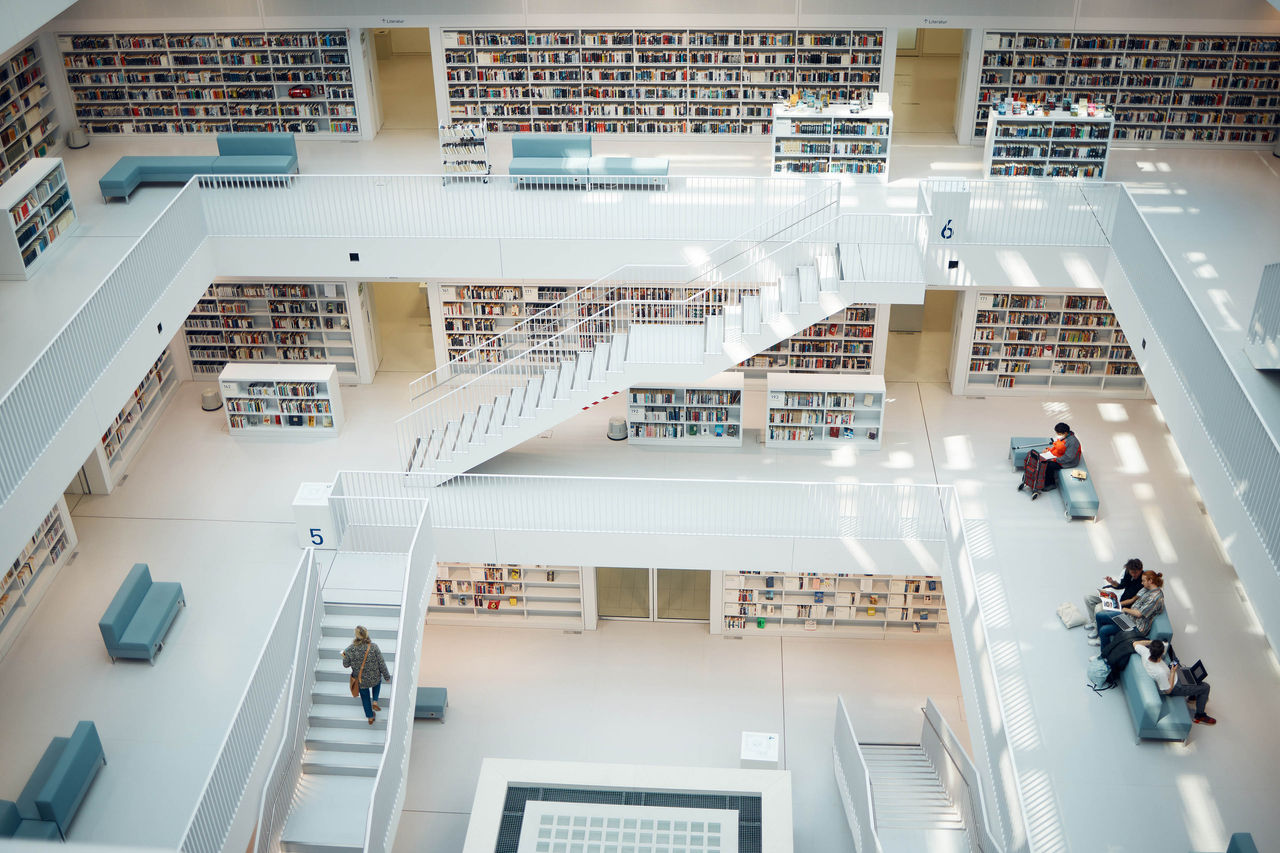 Library book shelf, choice and education people search for history books for research, university study or college. Big architecture building, knowledge learning and school students studying info.